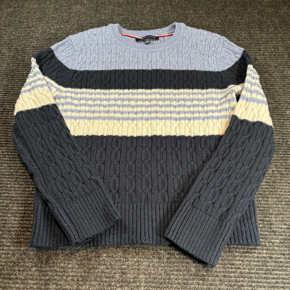 Tommy Hilfiger Womens Cable Knit Colorblock Striped Sweater Blue Navy Cream L